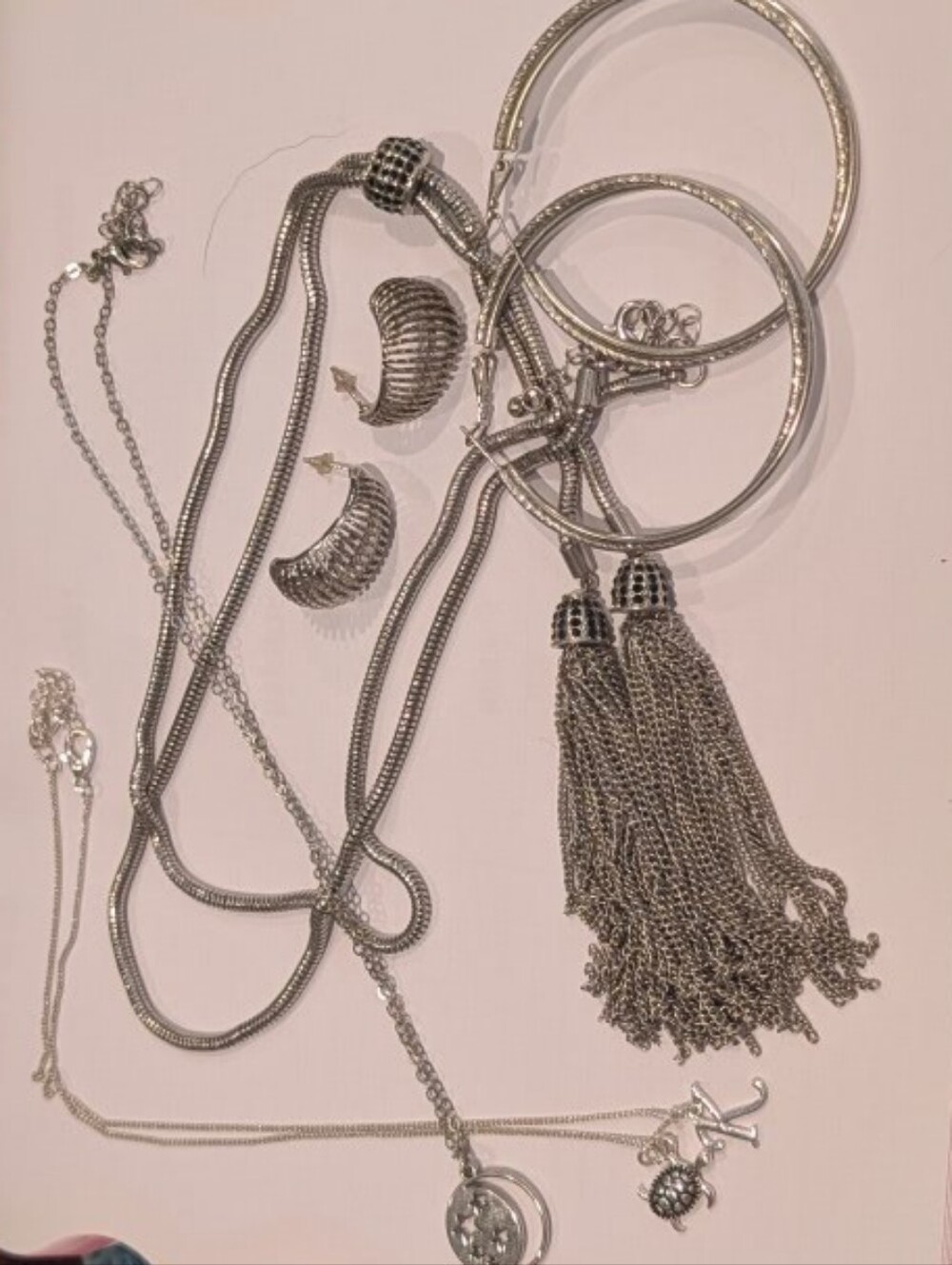 Silver Tassel Hoop Necklace and Matching Earrings Set